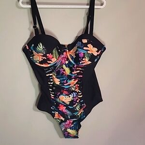 Floral Black Women's One Piece Swimsuit 2XL